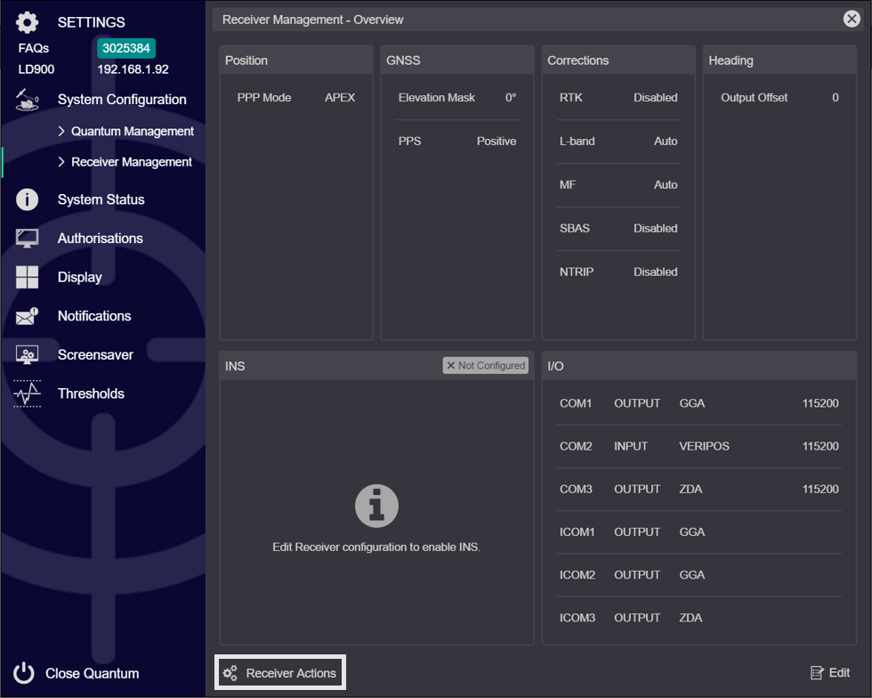 In Quantum navigate to SETTINGS > System Configuration > Receiver Management and select Receiver Actions